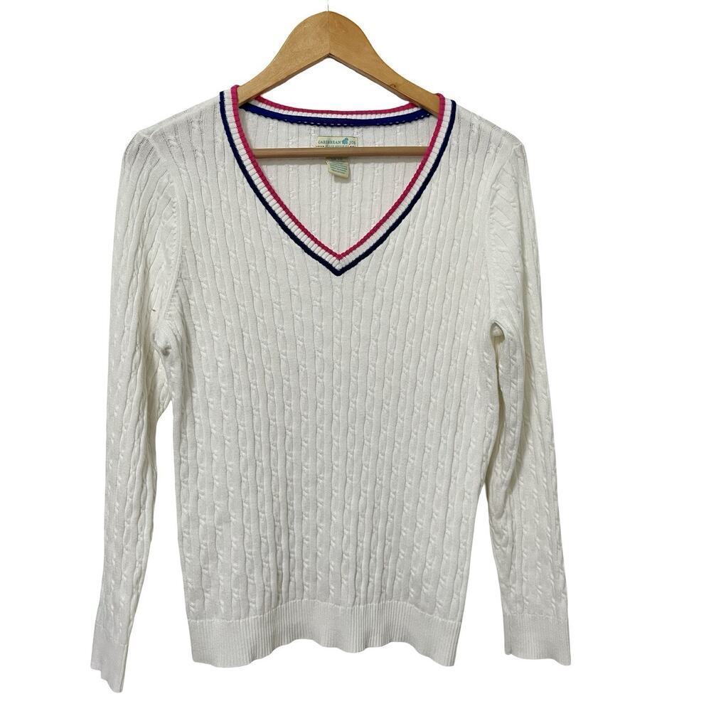Caribbean Joe Women's Cable Knit Sweater Size XL White Tennis‎ Prep Old Money